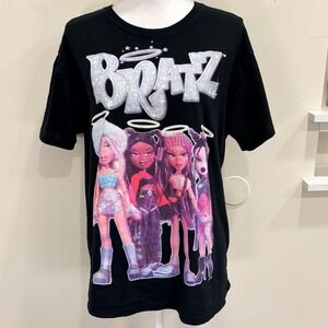Bratz Graphic T-Shirt Medium Black Glitter Logo Y2K Dolls Short Sleeve Tee Y2K